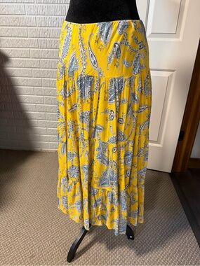 Chaps Yellow Paisley Boho Midi Skirt Tiered Flowy Cottagecore Festival Med
